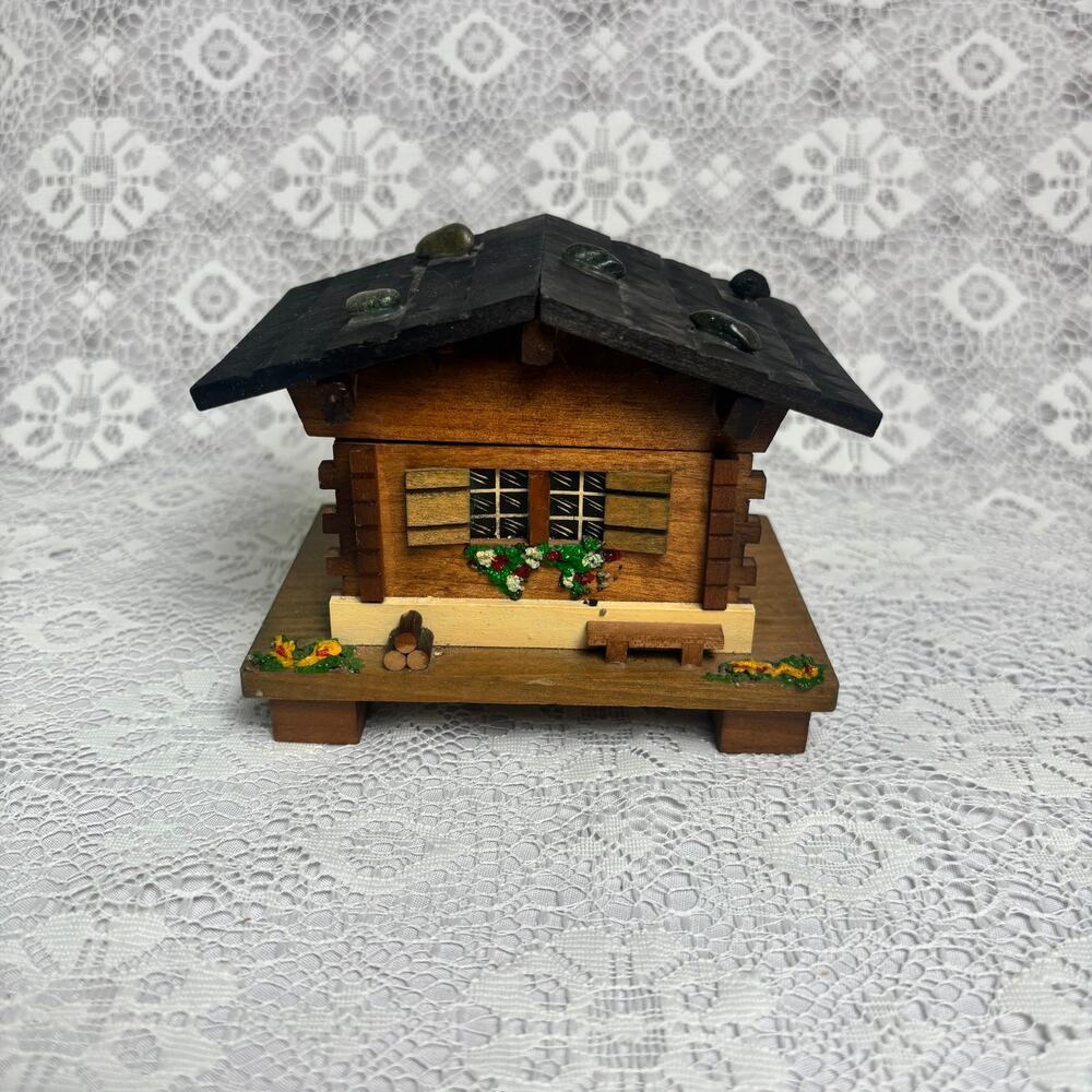 Vintage Swiss Chalet Music Box Jewelry Box Blue Danube Waltz Wooden Alpine Cabin
